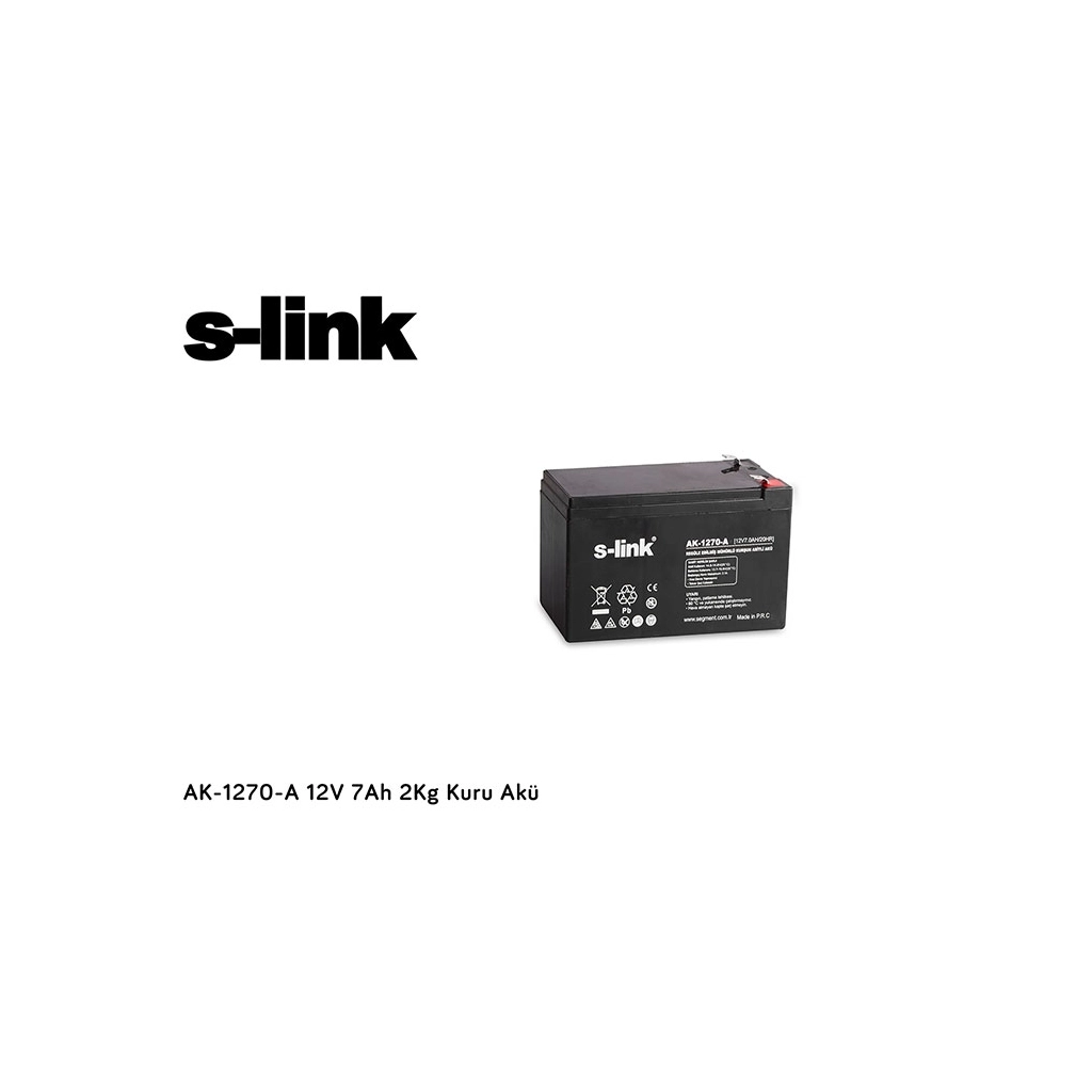 S-LINK AK-1270, 12V, 7Ah, Bakımsız Kuru Akü (2 Kg) UPS için Uygundur.