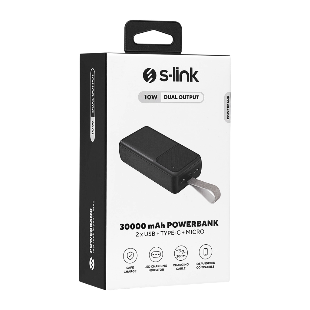 S-LINK G310, Siyah, 30.000mAh, 2xUSB, 1xType-C, 4 LED Göstergeli, PowerBank