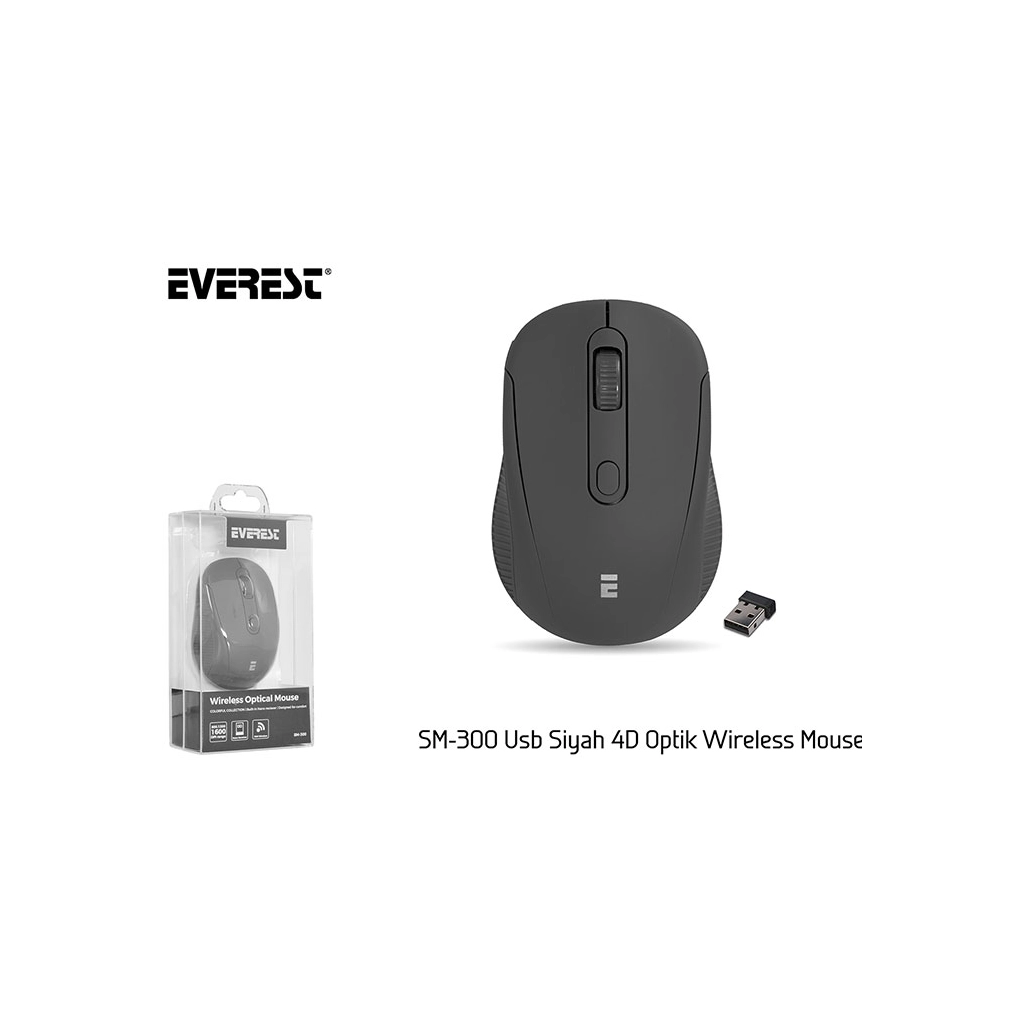 EVEREST SM-300, USB Nano 2,4G Kablosuz, 1600dpi, Optik, 4 Tuşlu, Siyah Mouse