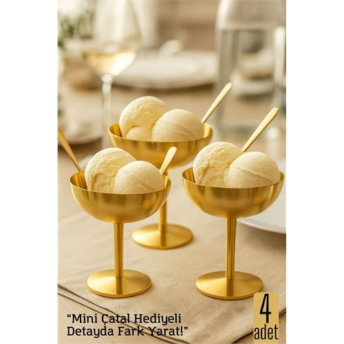 HSNET 4 lü Gold Inox Çelik Ayaklı Dondurma ve Sunum Kasesi – Tatlı, Lokum ve Sunum Kabı 