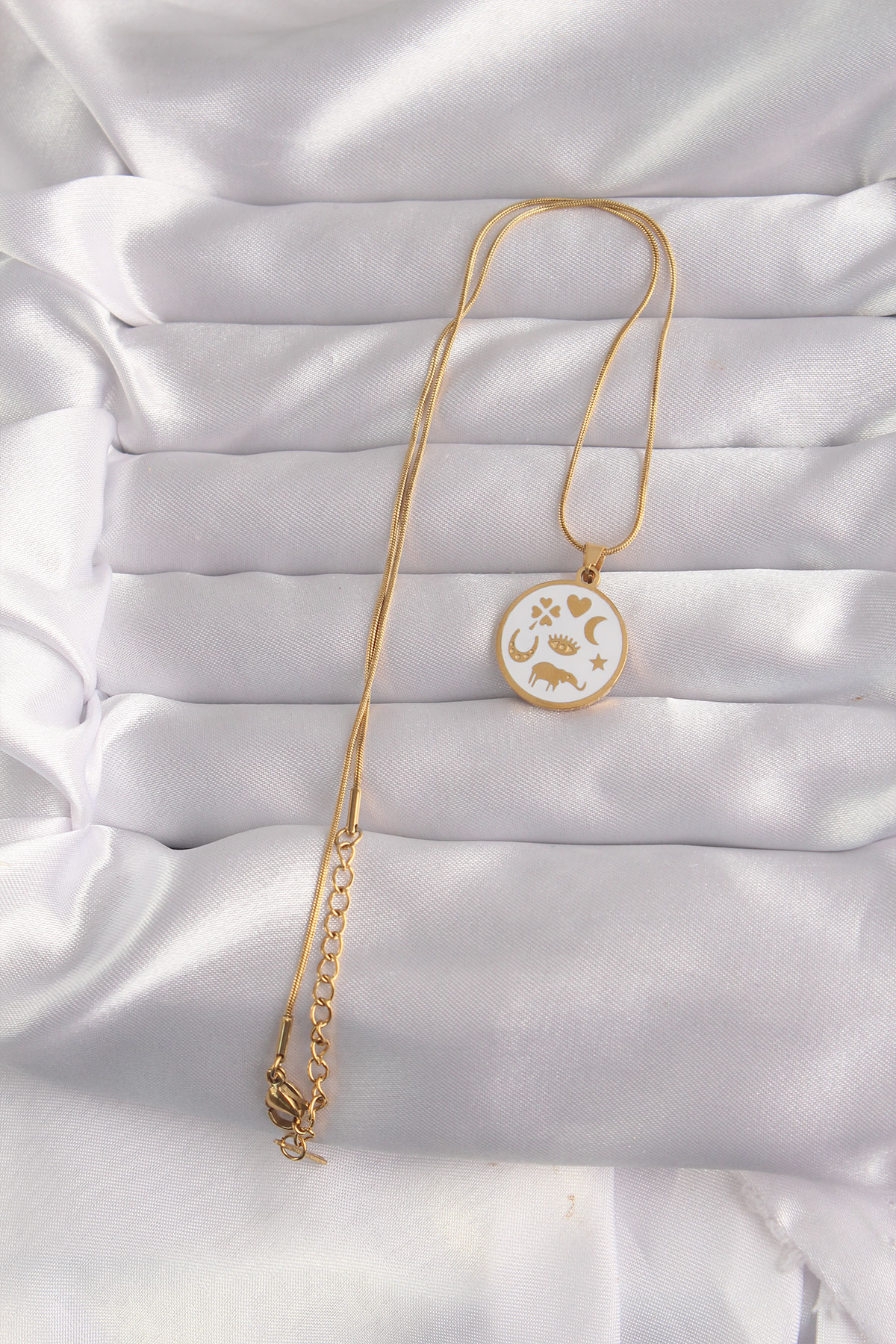 316L Çelik Gold Renk Beyaz Mineli Karışık Figürlü Tarot Kolye 5886