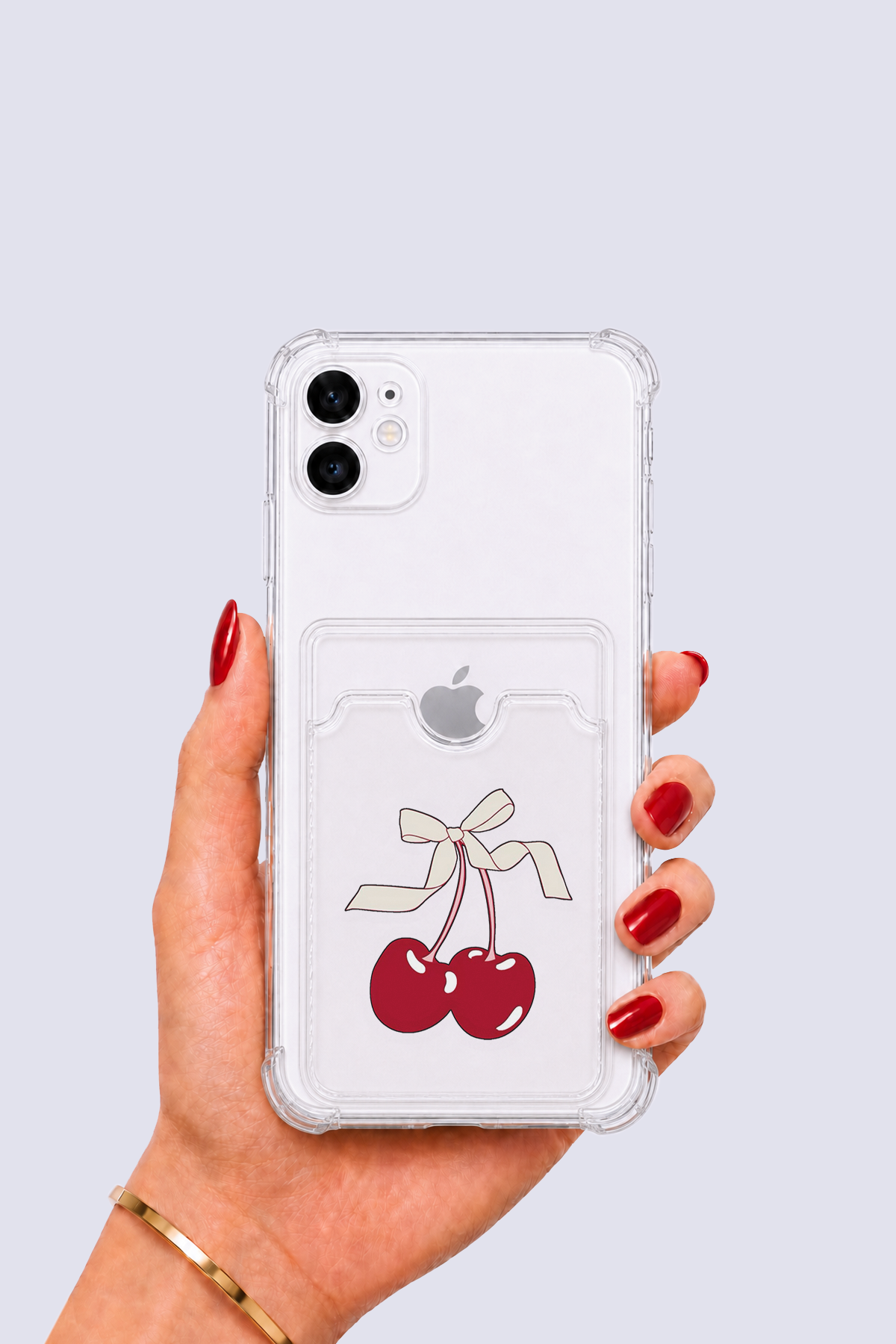 iPhone 12 Kartlıklı Kiraz Desenli Kılıf