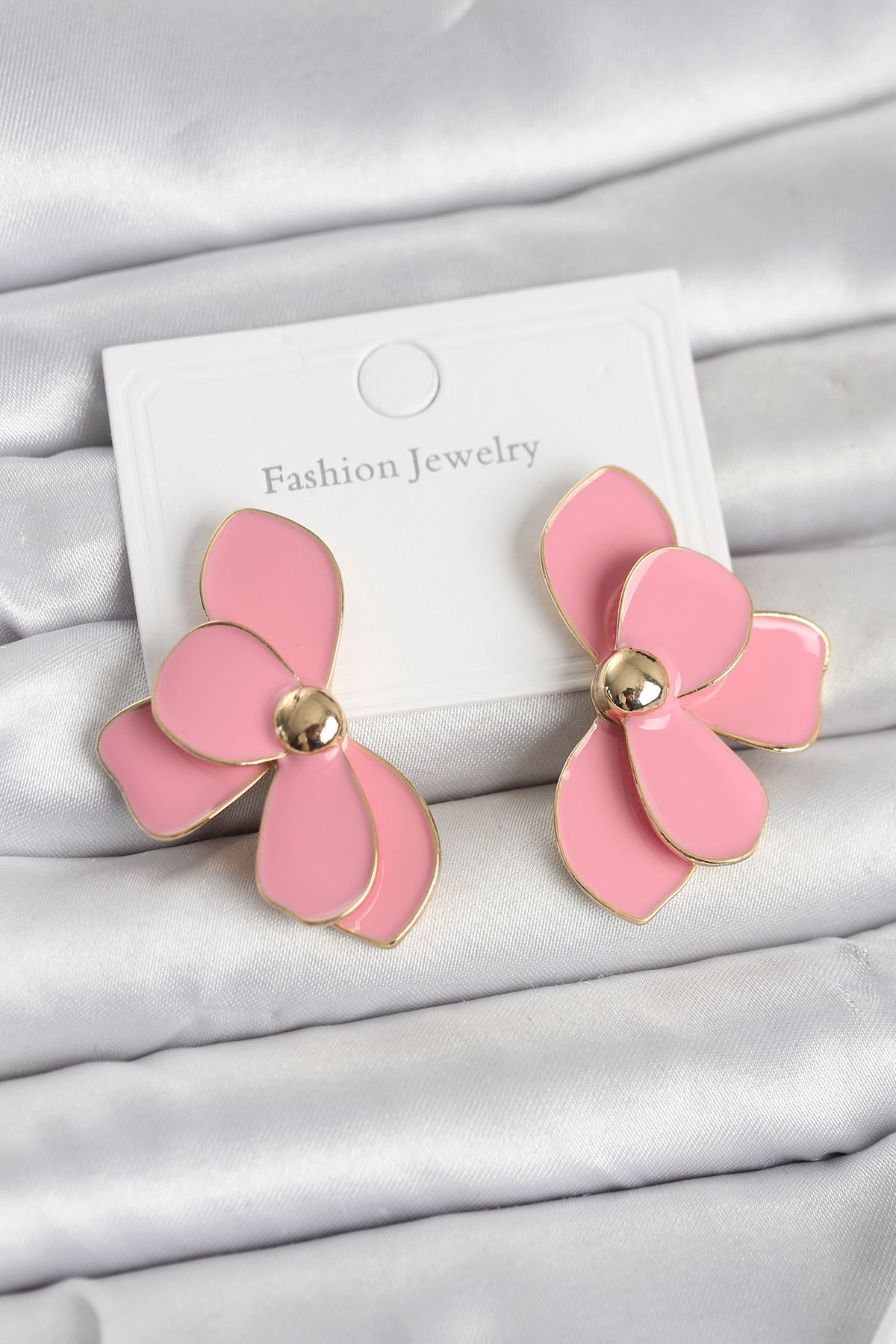 Pembe Mineli Lotus Model Pirinç Kadın Küpe 5886