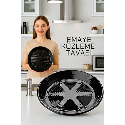 HSNET Emaye Közleme Tavası 31 cm - Fırına Uyumlu - Delikli Izgara Yüzeyli, Parlak Siyah 