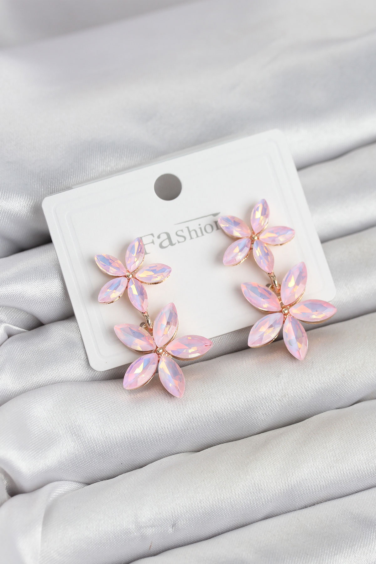 Pembe Kristal Çiçek Küpe 5886