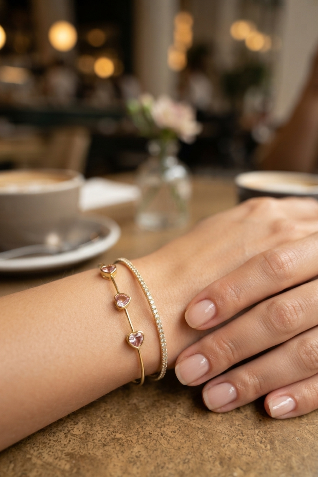 Pembe Kalp Model Zirkon Taşlı Gold Renk Kadın Bileklik 5886