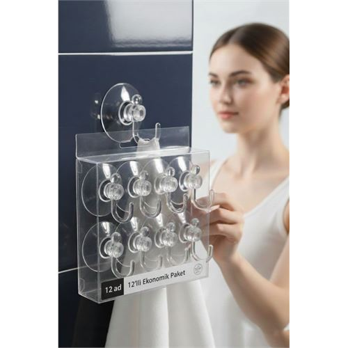 12'li Şeffaf Askılı Vantuz Kanca | Banyo & Mutfak Duvar Askısı (4cm) - 1.36kg Taşıma 