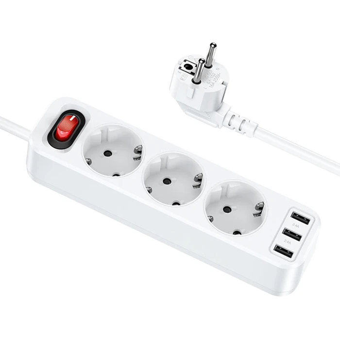 HOCO NS2 3'lü Priz 3 USB 4000W 1.8 Metre Şarj Uzatma Kablosu Akım Korumalı-(1903)