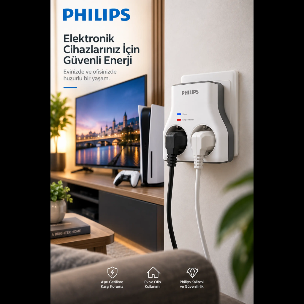 PHILIPS CHP7022W/62 2li Akım Korumalı Priz 1140 Joules (Beyaz)(1923)