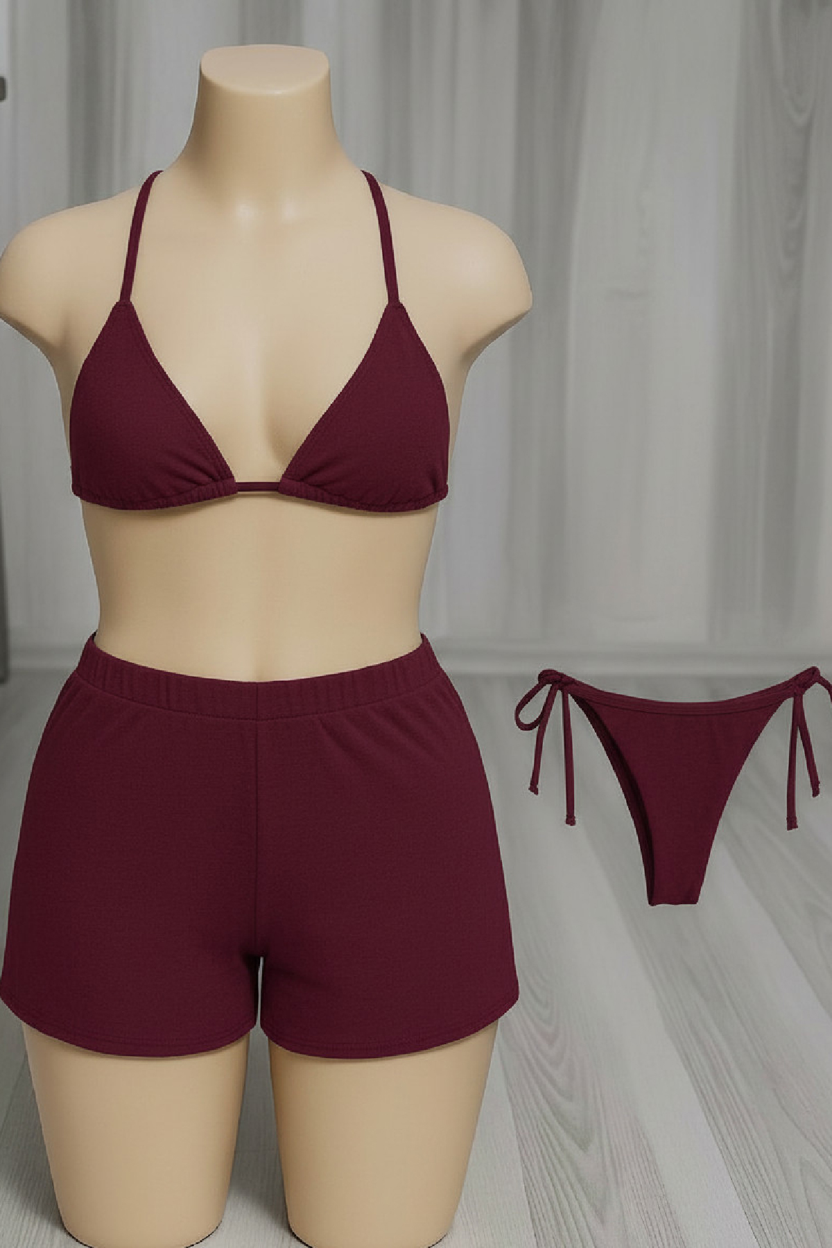 Kadın 3'lü Set Bordo Şortlu ve Yandan Bağlamalı Bikini Mayo Takımı