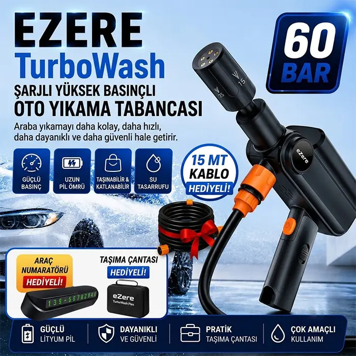 EZERE TurboWash Şarjlı 60 Bar Yüksek Basınçlı Oto Araba Bahçe Yıkama ve Temizleme Tabancası Makinesi-(5775)
