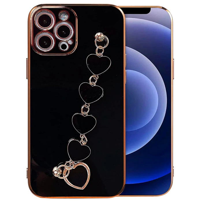 Ally iPhone 12 Pro 6.1inç Kılıf Kalp Bileklik Tutuculu Lüx Silikon Askılı Kılıf-(1903)