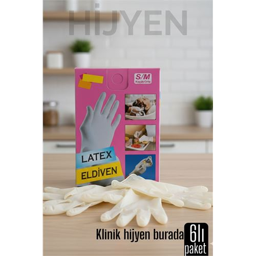 6'lı KUTULU Latex Eldiven Hijyenik, Esnek ve Çok Amaçlı Kullanım İçin 