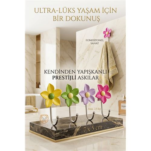  4'lü Dekoratif Çiçekli Askı Seti - Banyo Askısı Mutfak Askısı Sanatsal Organizasyon 723058