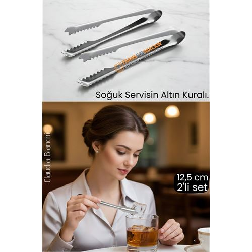 Profesyonel Bar Serisi 2'li Paslanmaz Çelik Buz Maşası Seti | Kokteyl &amp; Sunum İçin Kaydırmaz Kavrama 