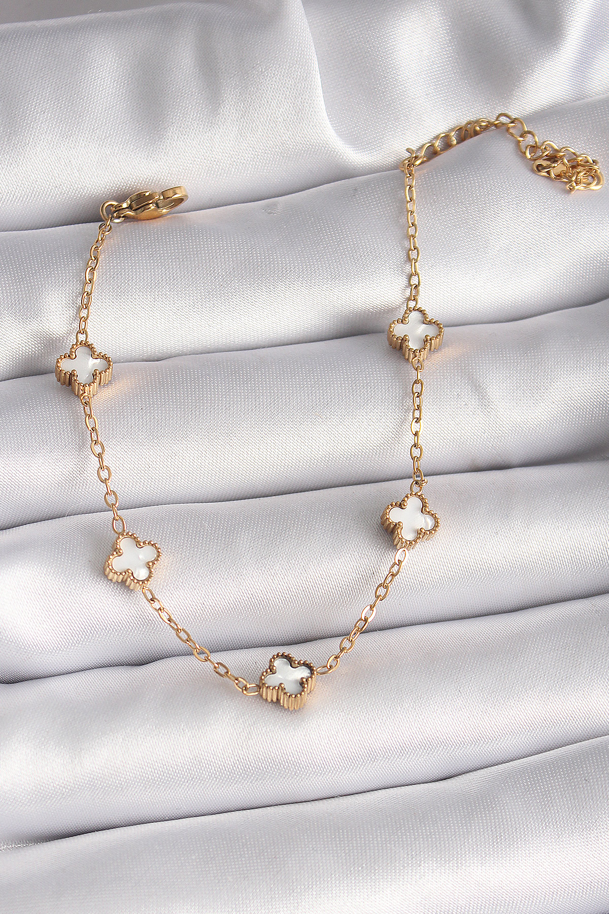 316L Çelik Gold Renk Beyaz Baby Boy Yonca Model Kadın Bileklik 5886