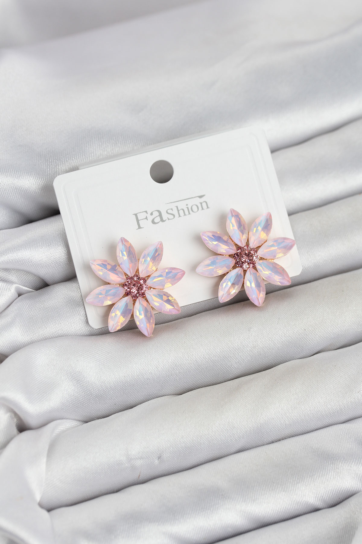 Pembe Renk Kristal Taşlı Lotus Çiçek Model Kadın Küpe 5886