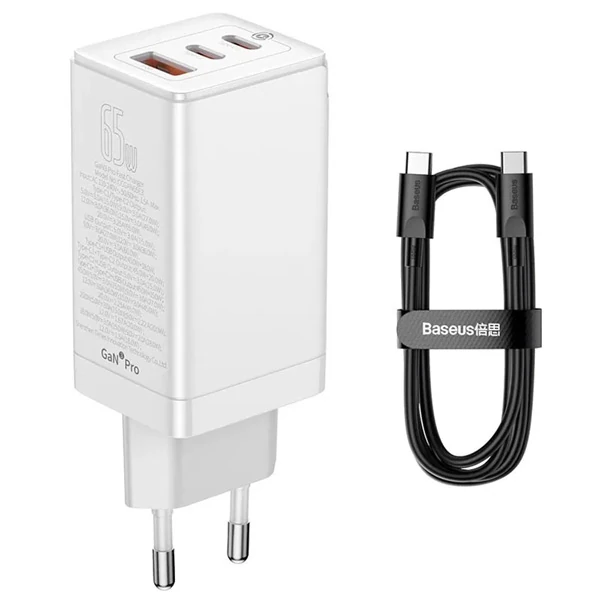Baseus Gan3 Pro 65W 2 Type-C + USB Hızlı Şarj Başlığı Adaptörü ve Hızlı Şarj Type-C Kablosu Seti-(1903)