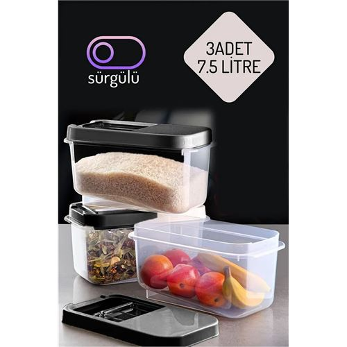 HSNET Erzak Bakliyat Saklama Kabı 3 lü Set 7.5 Lt Antrasit 