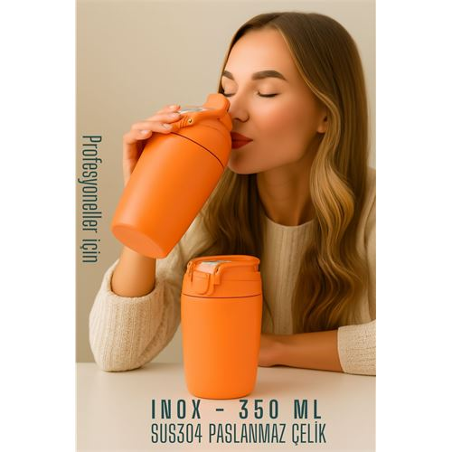 HSNET Inox Çelik Kahve Bardağı - 350 ml  SUS304 Çelik Termos Profesyonel TURUNCU  