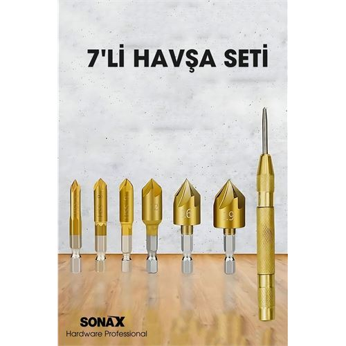 7'li HSS Titanyum Kaplı Kılavuz ve Havşa Matkap Ucu Seti + Otomatik Zımba 