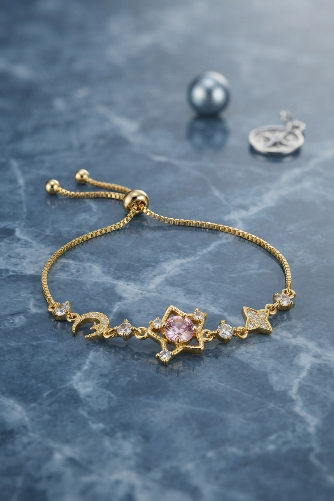 Pembe Taşlı Yıldız Model Gold Renk Zirkon Taşlı Asansörlü Bileklik 5886