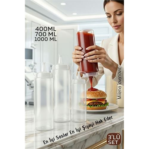 3'lü Sos Şişesi, Ketçap Mayonez Hardal ve Zeytinyağı Şişesi 400 ml,700 ml, 1000 ml Set 