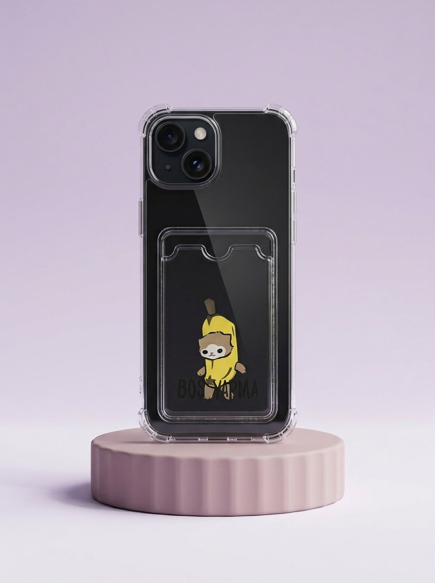 iPhone 15 Boş Yapma Muz Detaylı Kart Bölmeli Şeffaf Telefon Kılıfı