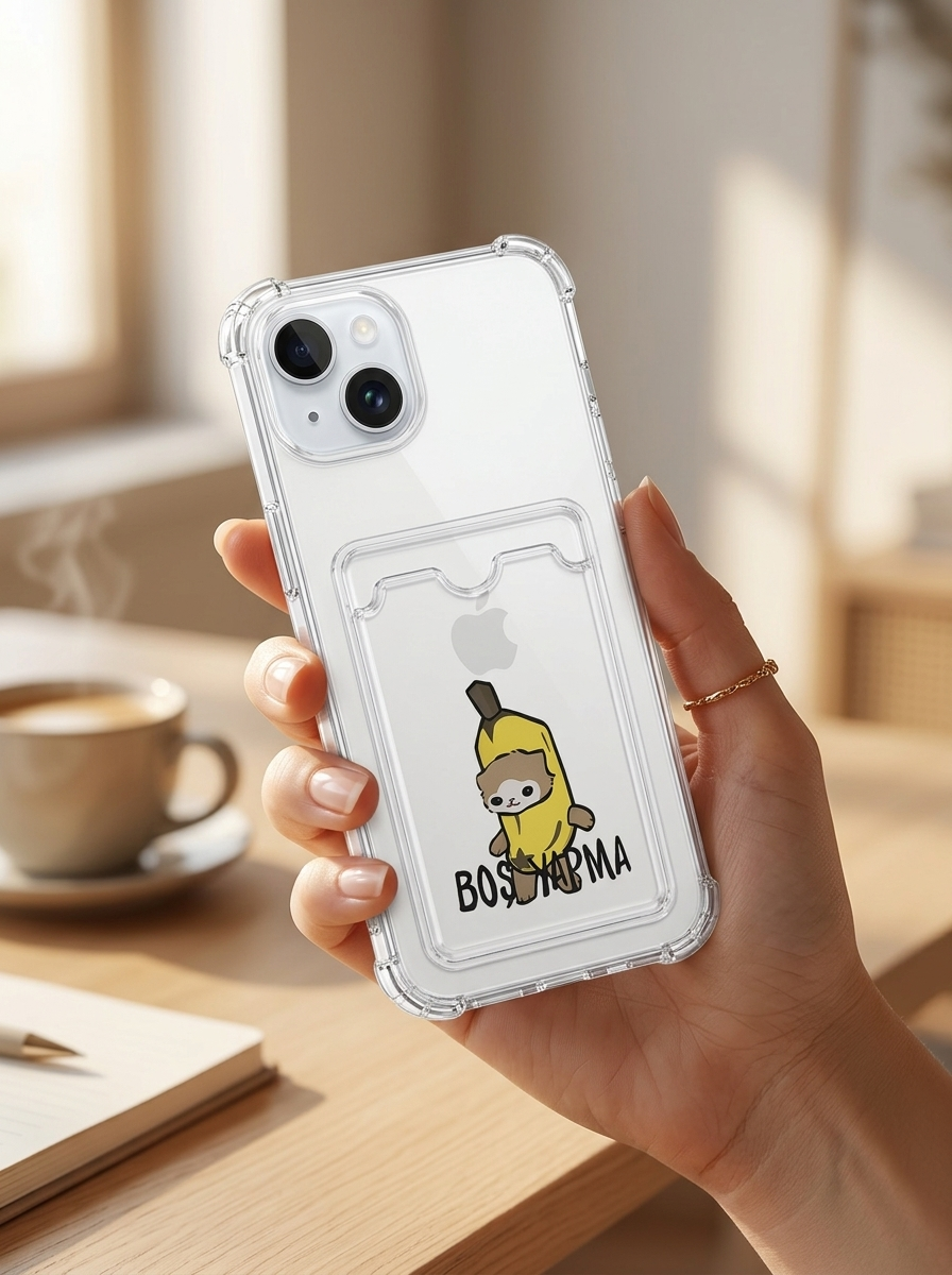 iPhone 15 Boş Yapma Muz Detaylı Kart Bölmeli Şeffaf Telefon Kılıfı