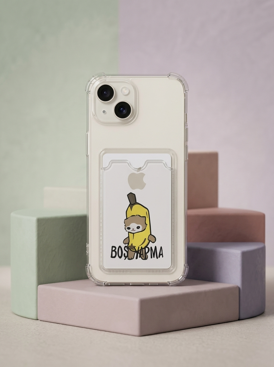 iPhone 15 Boş Yapma Muz Detaylı Kart Bölmeli Şeffaf Telefon Kılıfı