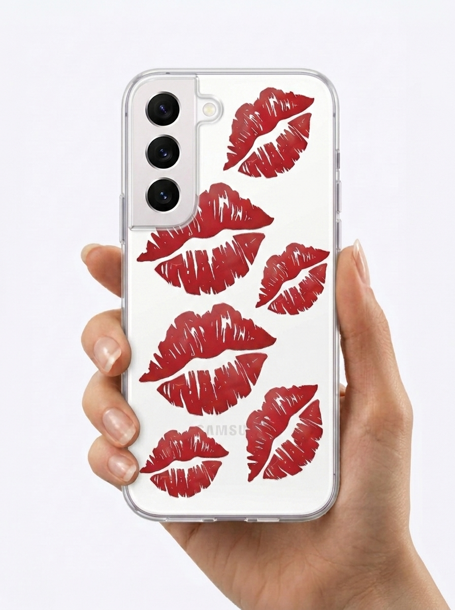 Samsung Galaxy S22 Kırmızı Dudak / Öpücük Desenli Şeffaf Telefon Kılıfı