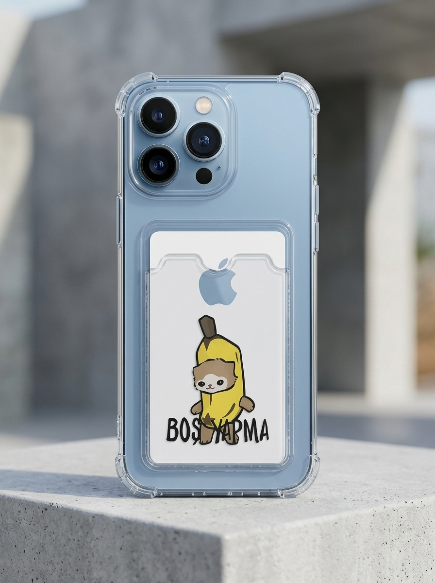 iPhone 13 Pro Max Boş Yapma Muz Detaylı Kart Bölmeli Şeffaf Telefon Kılıfı