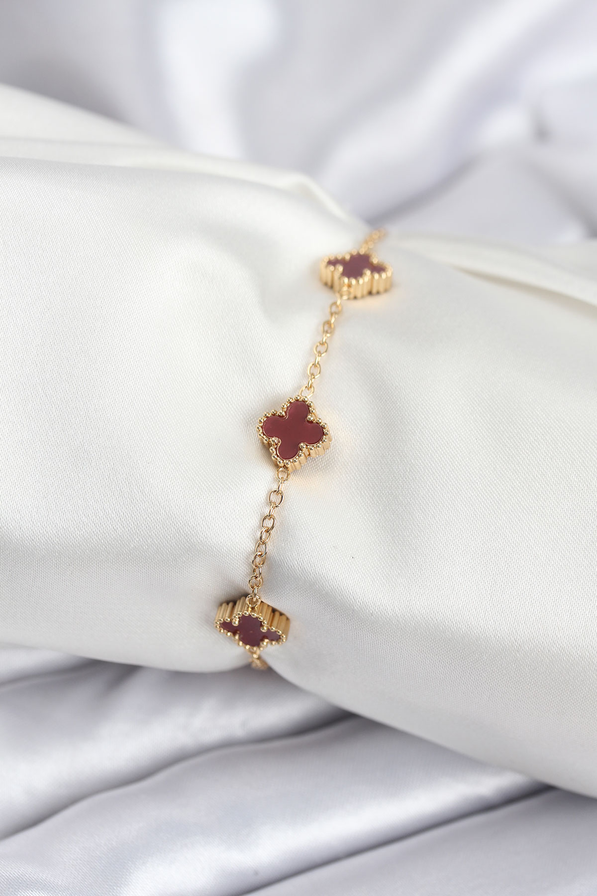 316L Çelik Gold Renk Bordo Baby Boy Yonca Kadın Bileklik 5886