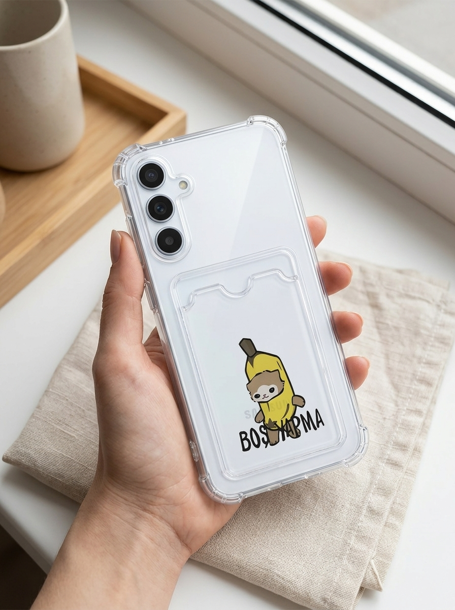 Samsung Galaxy A56 Boş Yapma Muz Detaylı Kart Bölmeli Şeffaf Telefon Kılıfı
