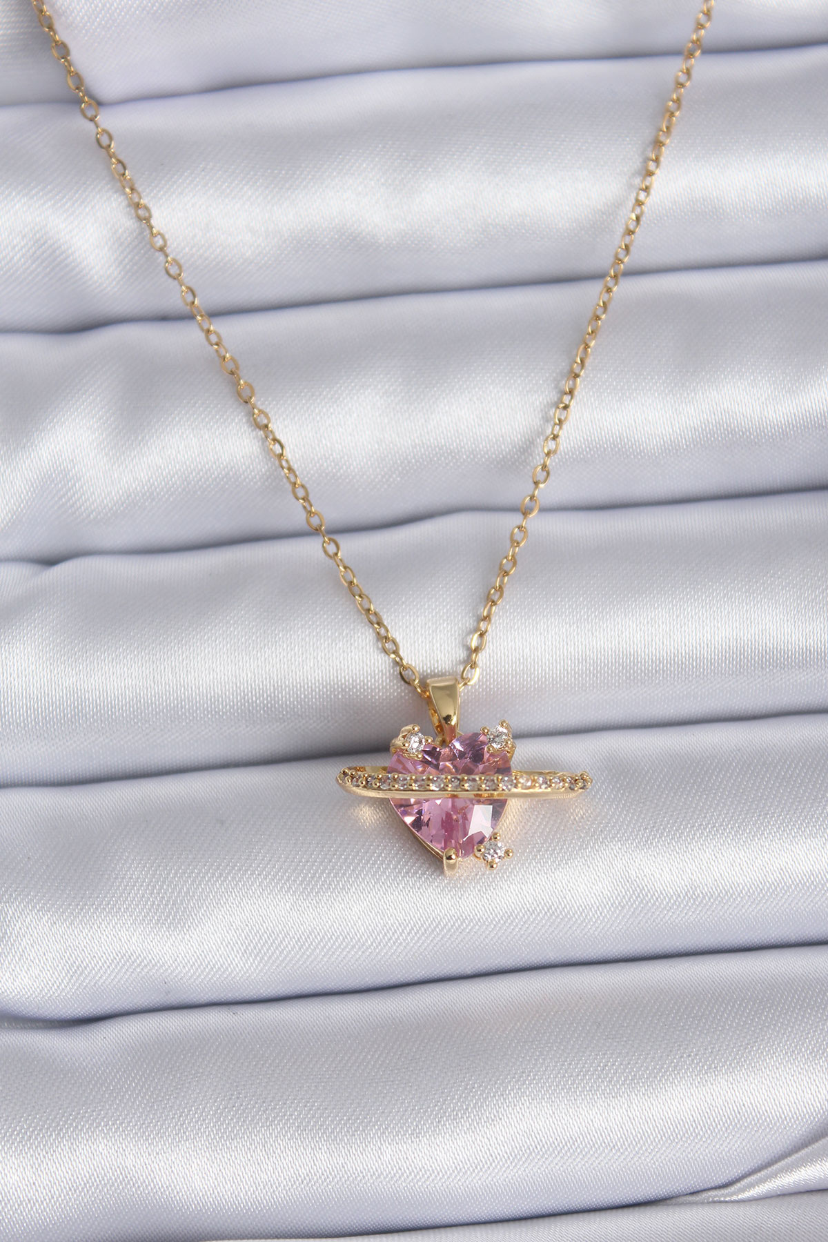 316L Çelik Gold Renk Zincir Pembe Kristal Kalp Model Zirkon Taş Detay Kadın Kolye 5886