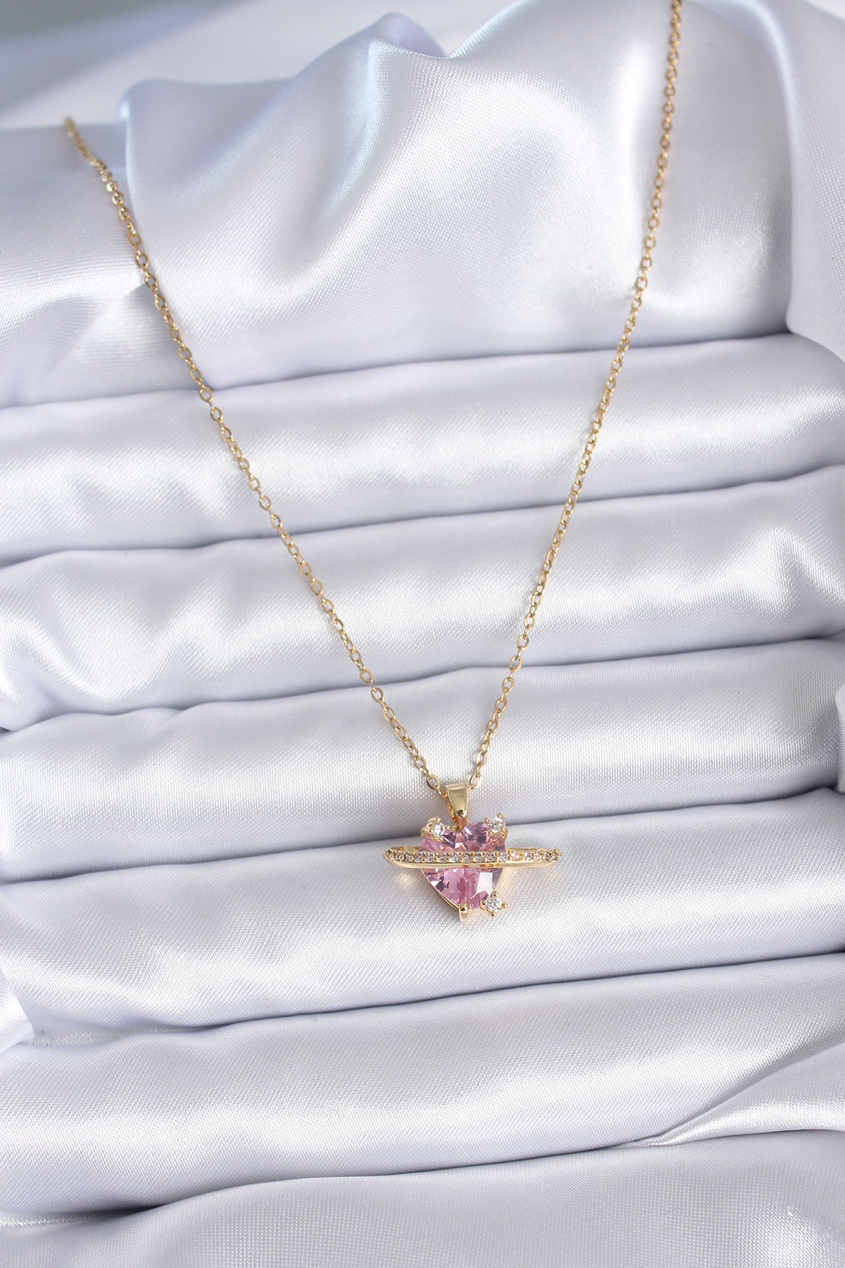 316L Çelik Gold Renk Zincir Pembe Kristal Kalp Model Zirkon Taş Detay Kadın Kolye 5886