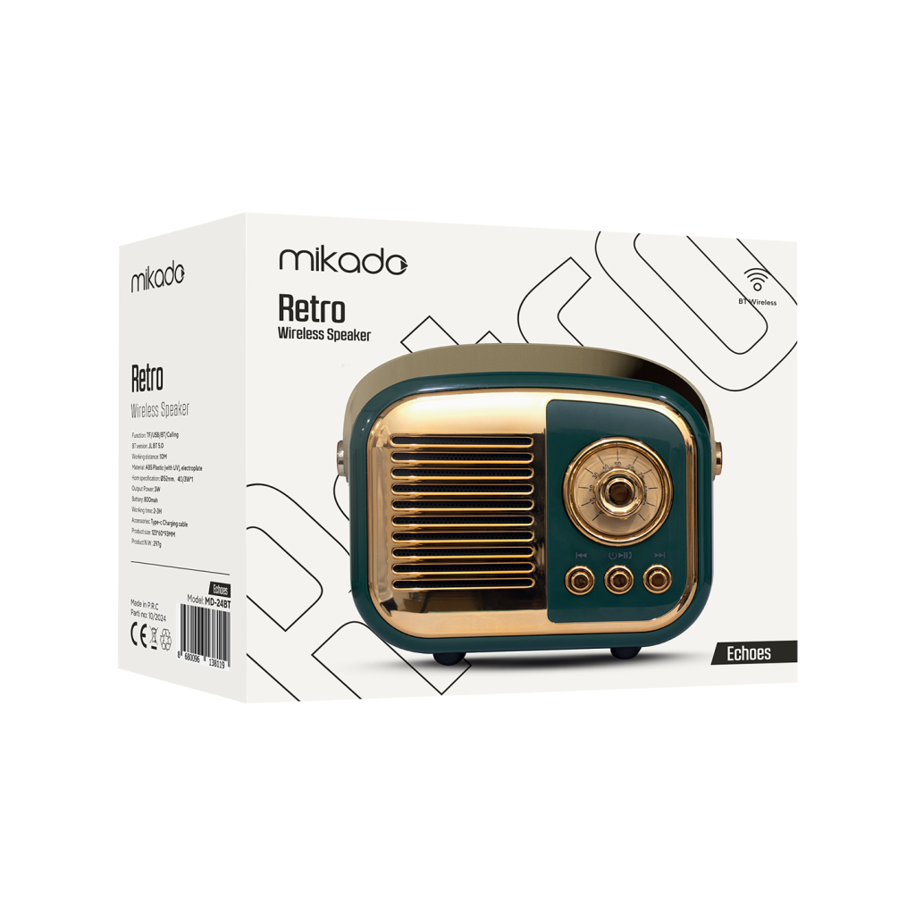 MIKADO MD-24BT Echoes Yeşil 3W Taşınabilir USB/TF Kart/Bluetooth 800mAh Klasik Retro Müzik Kutusu(1923) 5