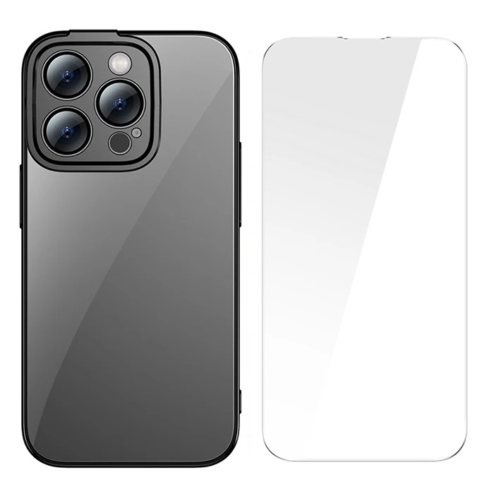 Baseus Glitter iPhone 14 Pro 6.1 Renkli Kenar Silikon Kılıf + Tempered Ekran Koruyucu Set-(1903)