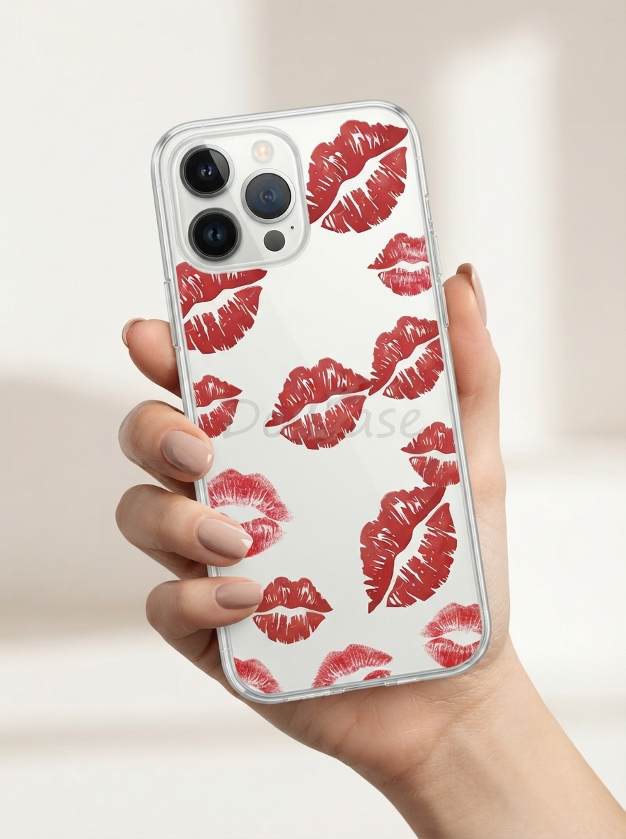 iPhone 13 Pro Max Kırmızı Dudak / Öpücük Desenli Şeffaf Telefon Kılıfı