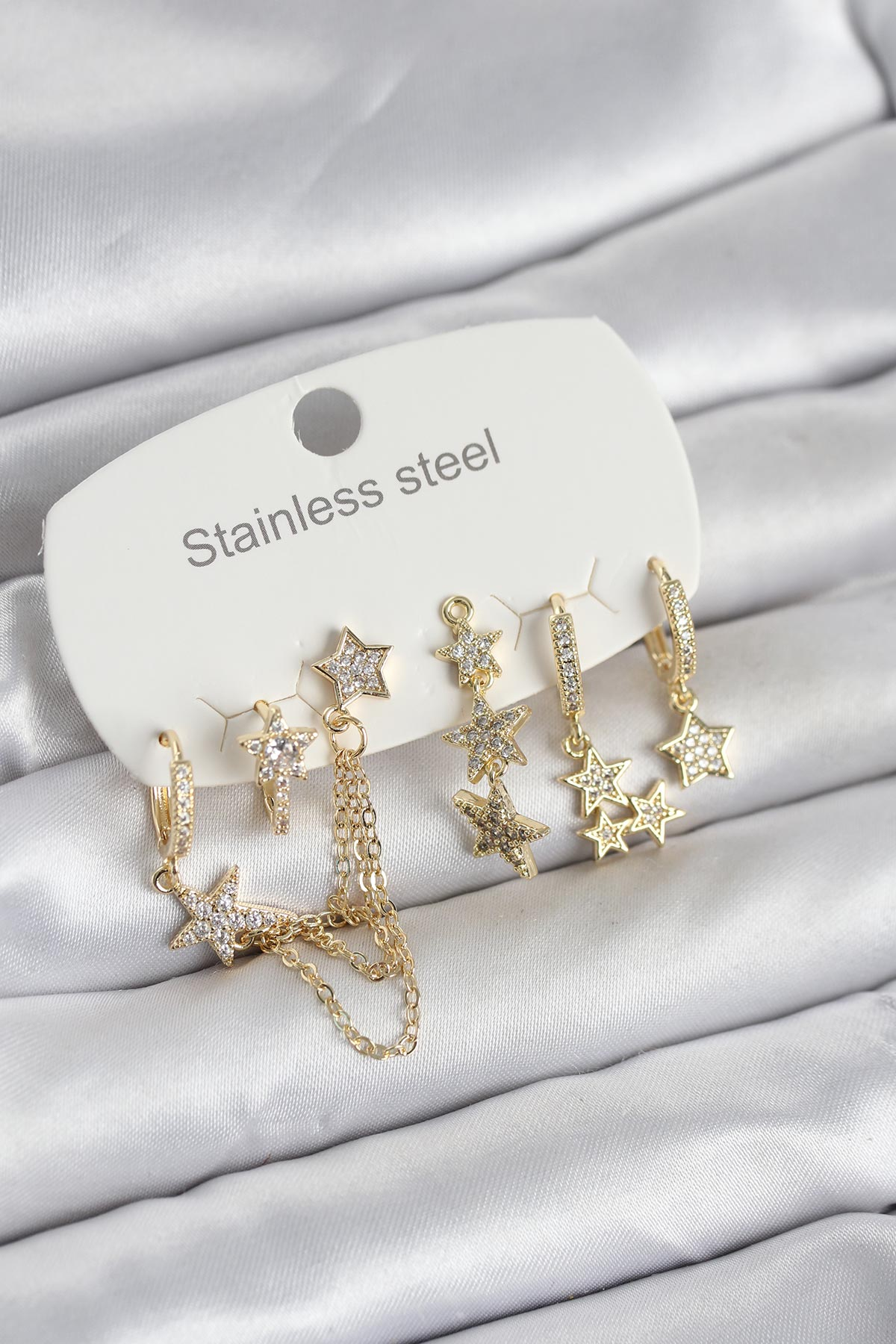 316L Çelik Gold Renk 6'lı Set Zincirli Yıldız Modelli Kadın Küpe 5886