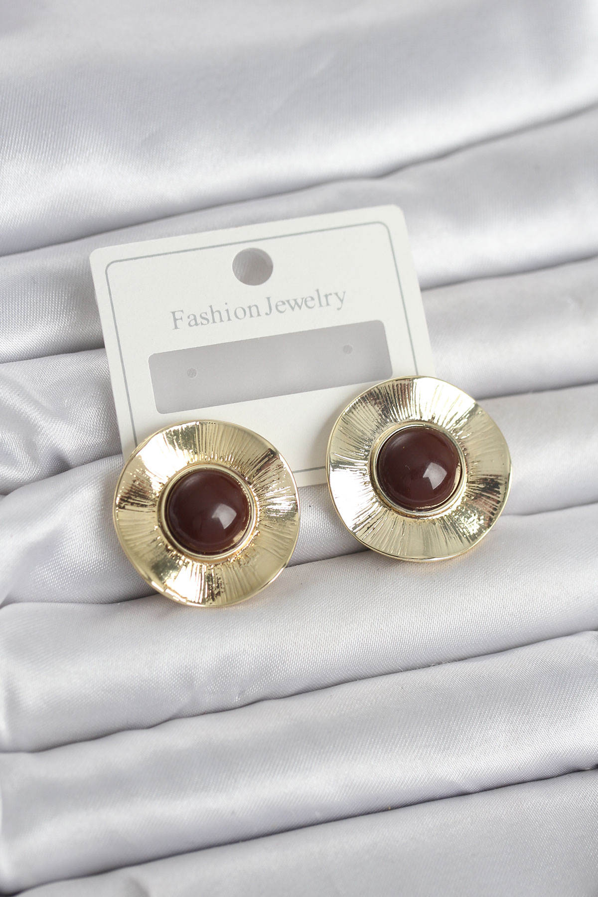 Vintage Model Kahverengi Gold Renk Pirinç Kadın Küpe 5886