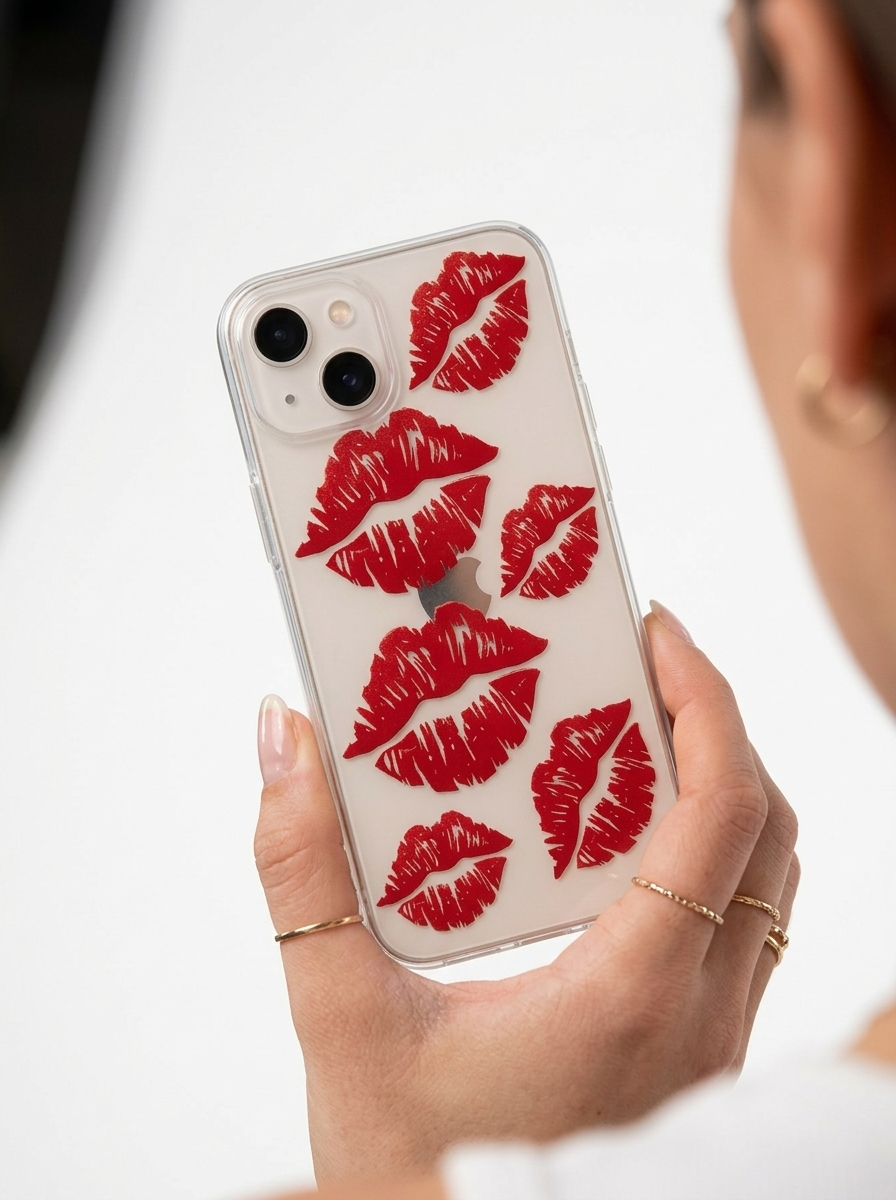 İphone 13 Kırmızı Dudak / Öpücük Desenli Şeffaf Telefon Kılıfı