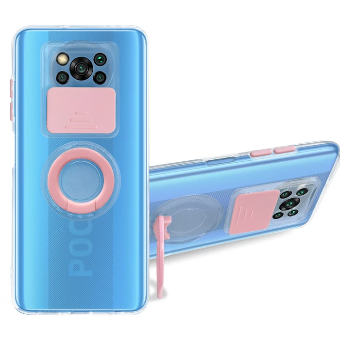 Ally Xiaomi POCO X3 NFC Kılıf Sürgülü Kamera Lens Korumalı Yüzük Standlı Silikon Kılıf-(1903)
