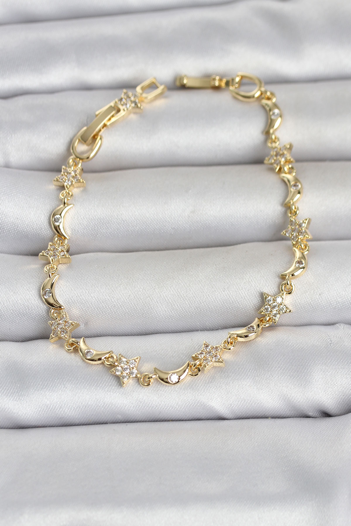 Pirinç Gold Renk Zirkon Taşlı Ay ve Yıldız Model Kadın Bileklik 5886