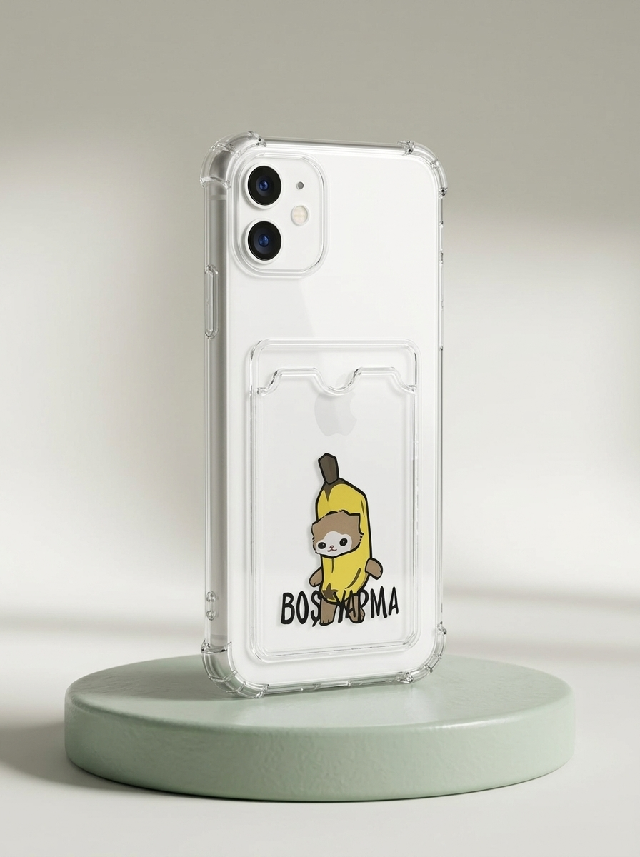iPhone 11 Boş Yapma Muz Detaylı Kart Bölmeli Şeffaf Telefon Kılıfı