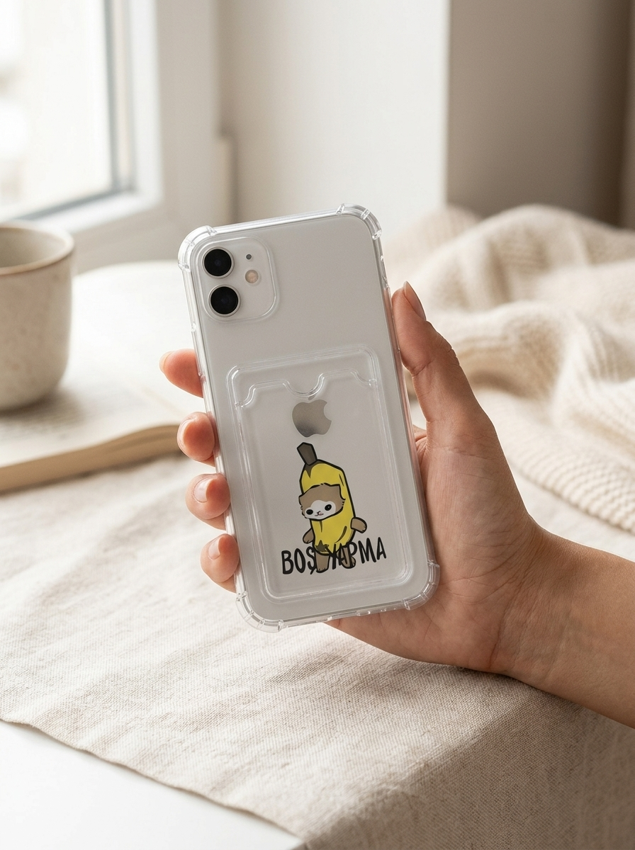 iPhone 11 Boş Yapma Muz Detaylı Kart Bölmeli Şeffaf Telefon Kılıfı