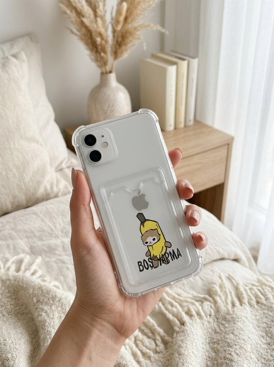 iPhone 11 Boş Yapma Muz Detaylı Kart Bölmeli Şeffaf Telefon Kılıfı