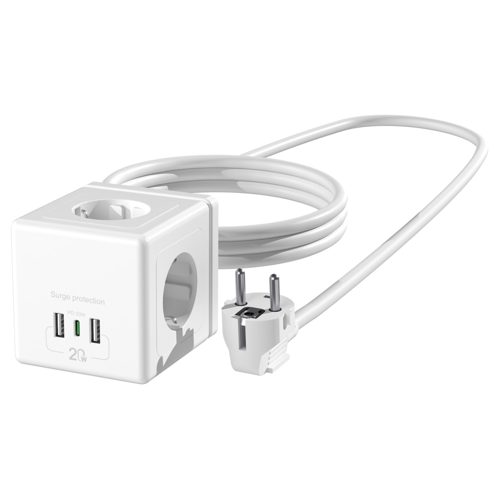 S-LINK PRZ04 4 Soket Akım Korumalı Priz 1x Type-C 2xUSB 5V 2Mt Kablo 306 Joule Küp Tasarım (Beyaz)(1923)