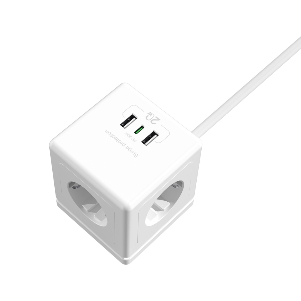S-LINK PRZ04 4 Soket Akım Korumalı Priz 1x Type-C 2xUSB 5V 2Mt Kablo 306 Joule Küp Tasarım (Beyaz)(1923)