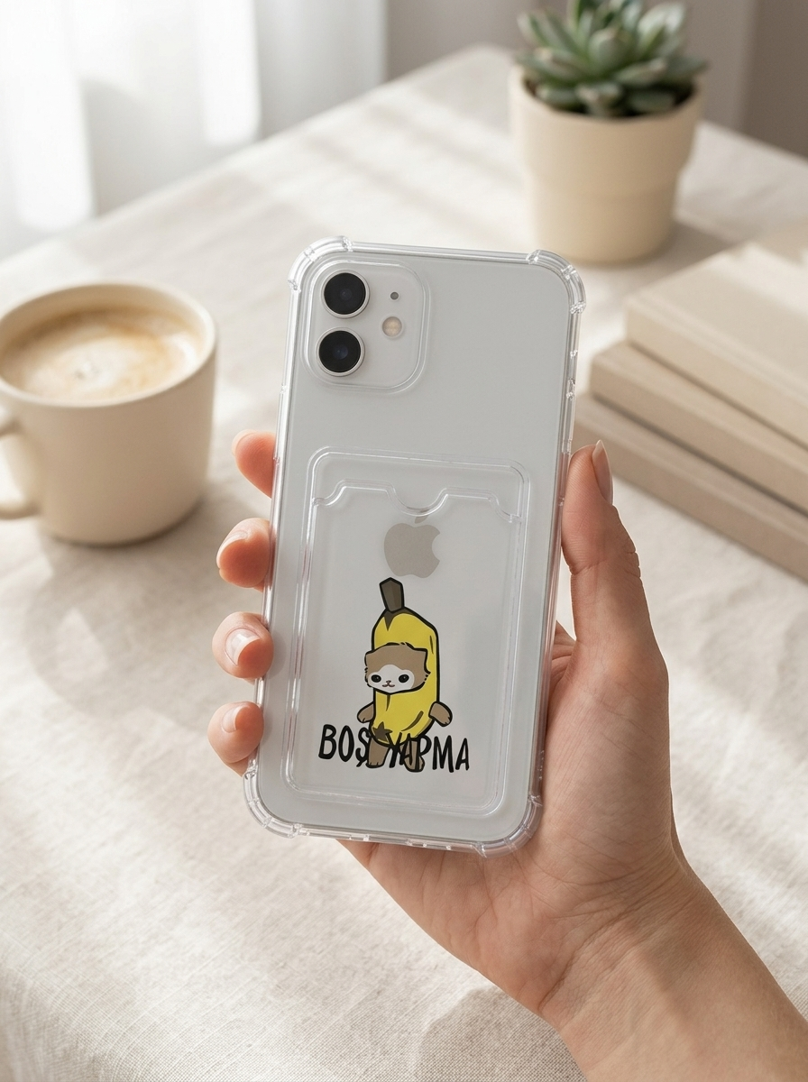 iPhone 12 Boş Yapma Muz Detaylı Kart Bölmeli Şeffaf Telefon Kılıfı